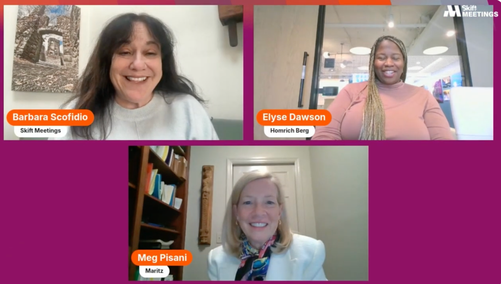Screenshot from the AI and the Future of Meetings event featuring speakers Elyse Dawson and Meg Pisani, along with Skift Meetings Editor Barbara Scofidio.